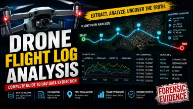Drone flight log analysis showing UAV telemetry data, GPS tracking map, and data extraction process for forensic investigation