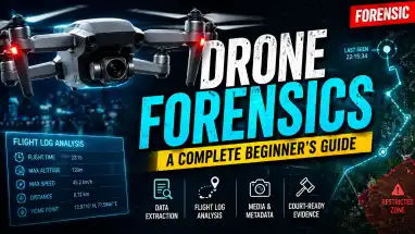 Drone forensics analysis showing UAV data extraction, flight log visualization, and GPS tracking investigation